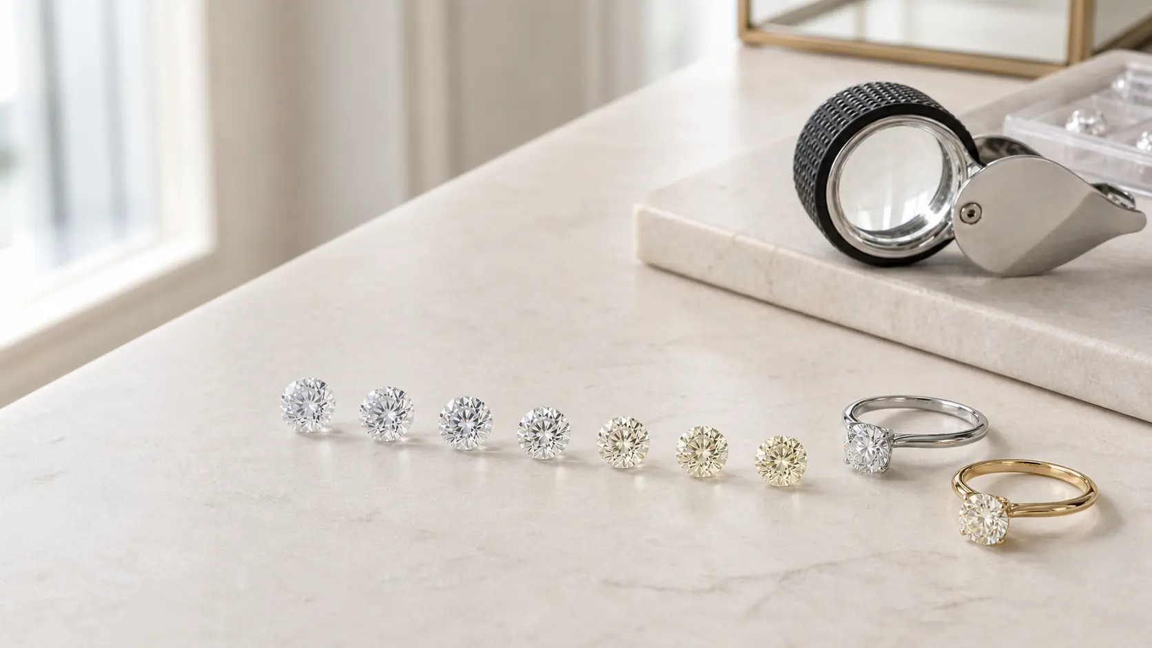 Diamanten mit feinen Farbunterschieden neben Weißgold und Gelbgold