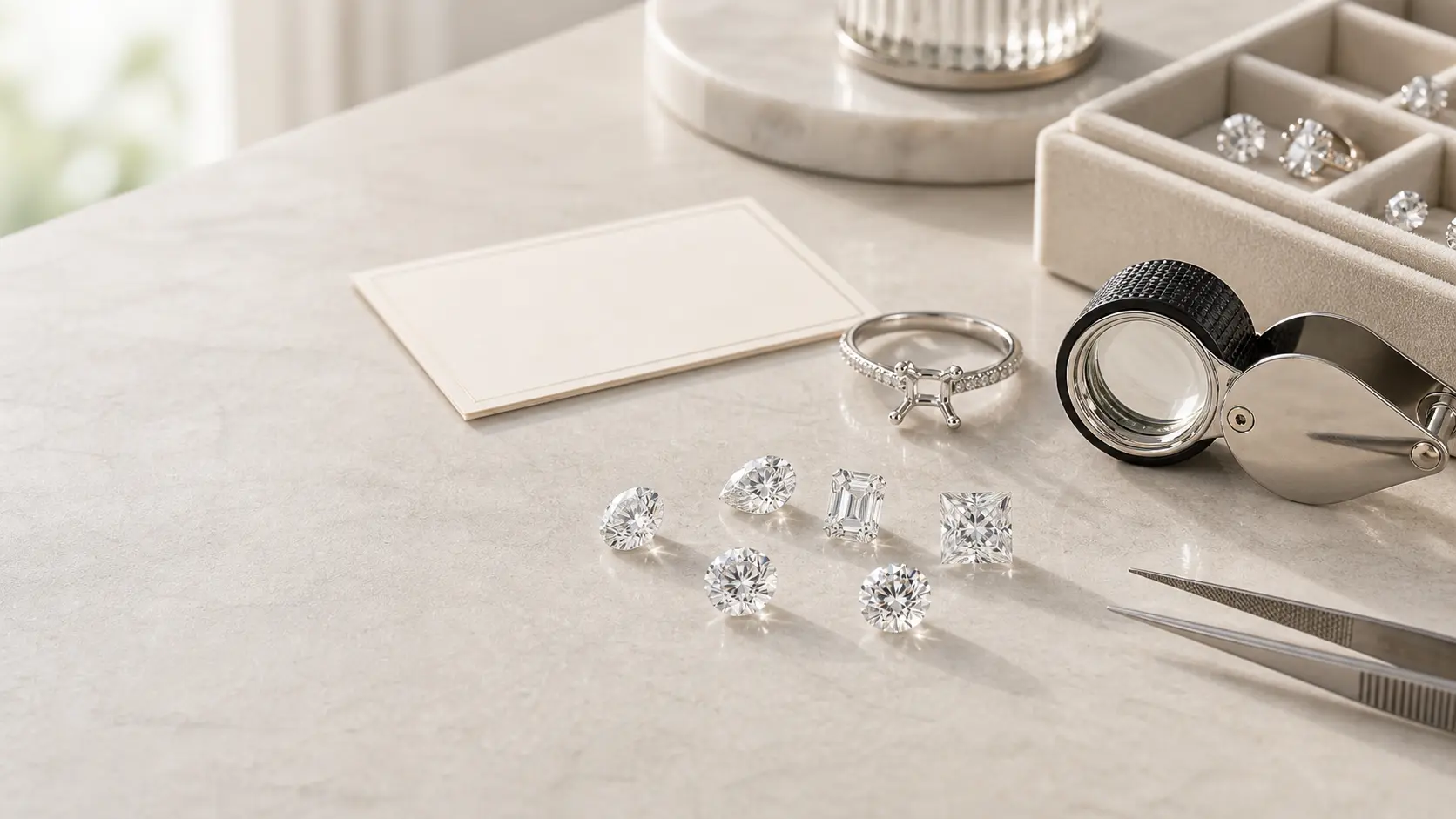 Diamanten, Juwelierlupe und Ringfassung als Einstieg in Diamantwissen