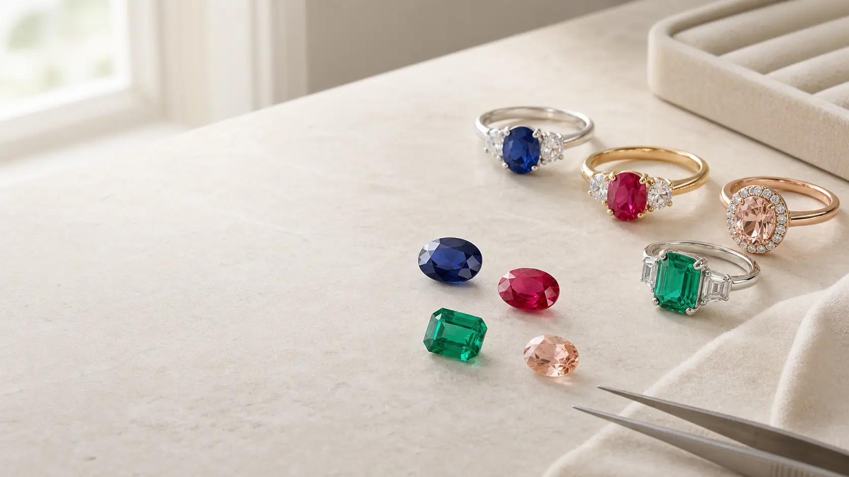 Farbige Edelsteine und Ringe mit Saphir, Rubin, Smaragd und Morganit