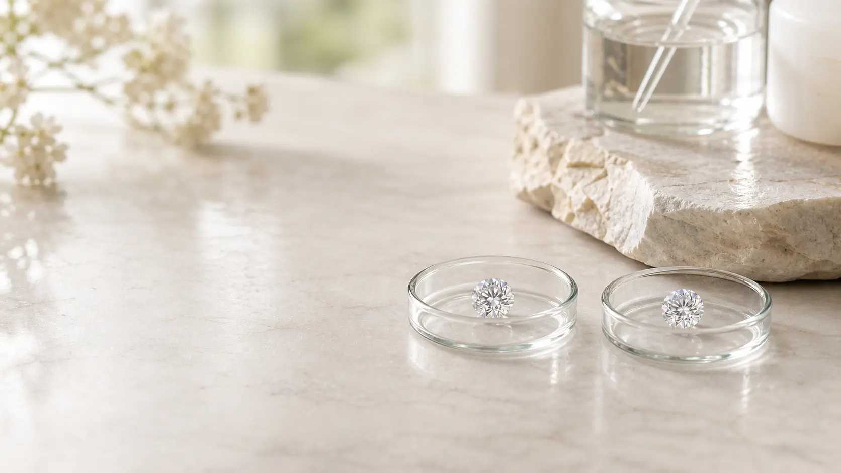Zwei Diamanten im Vergleich zwischen Lab Grown und natürlicher Herkunft