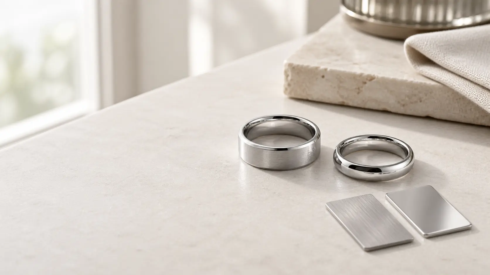 Platinring und Weißgoldring als heller Materialvergleich