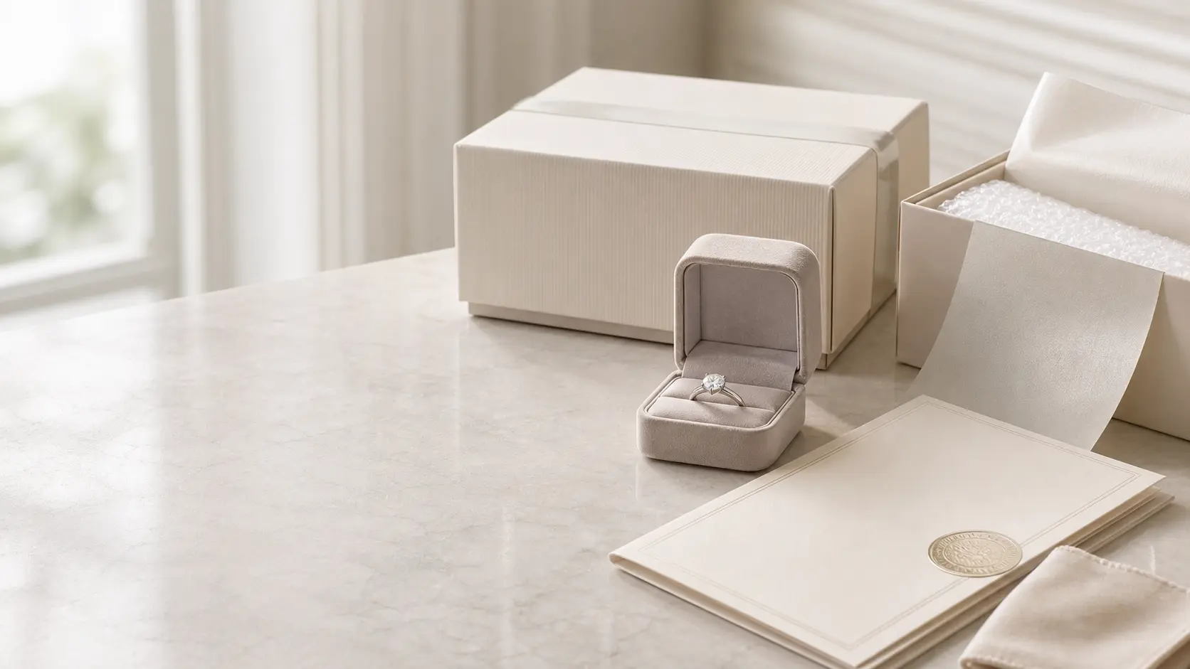 Diskretes Schmuckpaket, Ringbox und Unterlagen für sicheren Versand