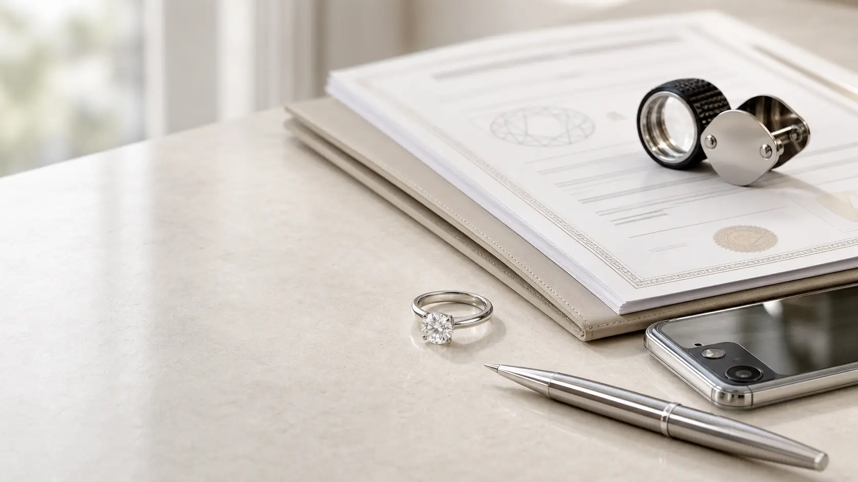 Diamantring mit Unterlagen und Dokumentation für Versicherung und Nachweise