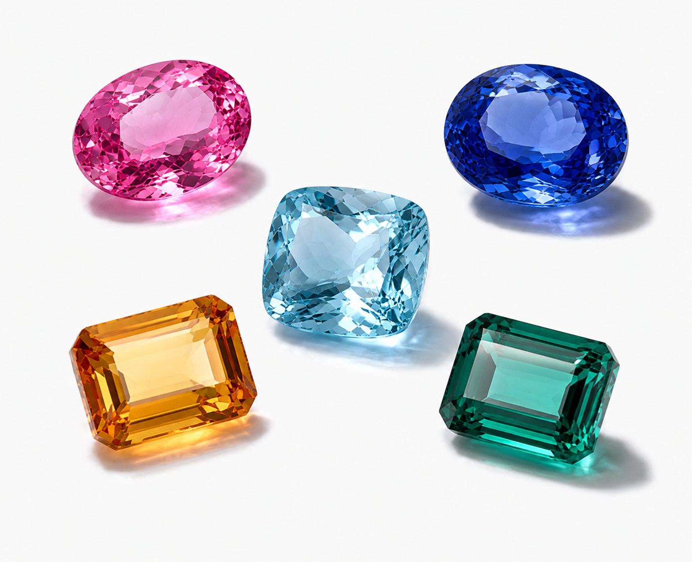 Farbige Edelsteine in Blau, Rosa, Grün und Gelb