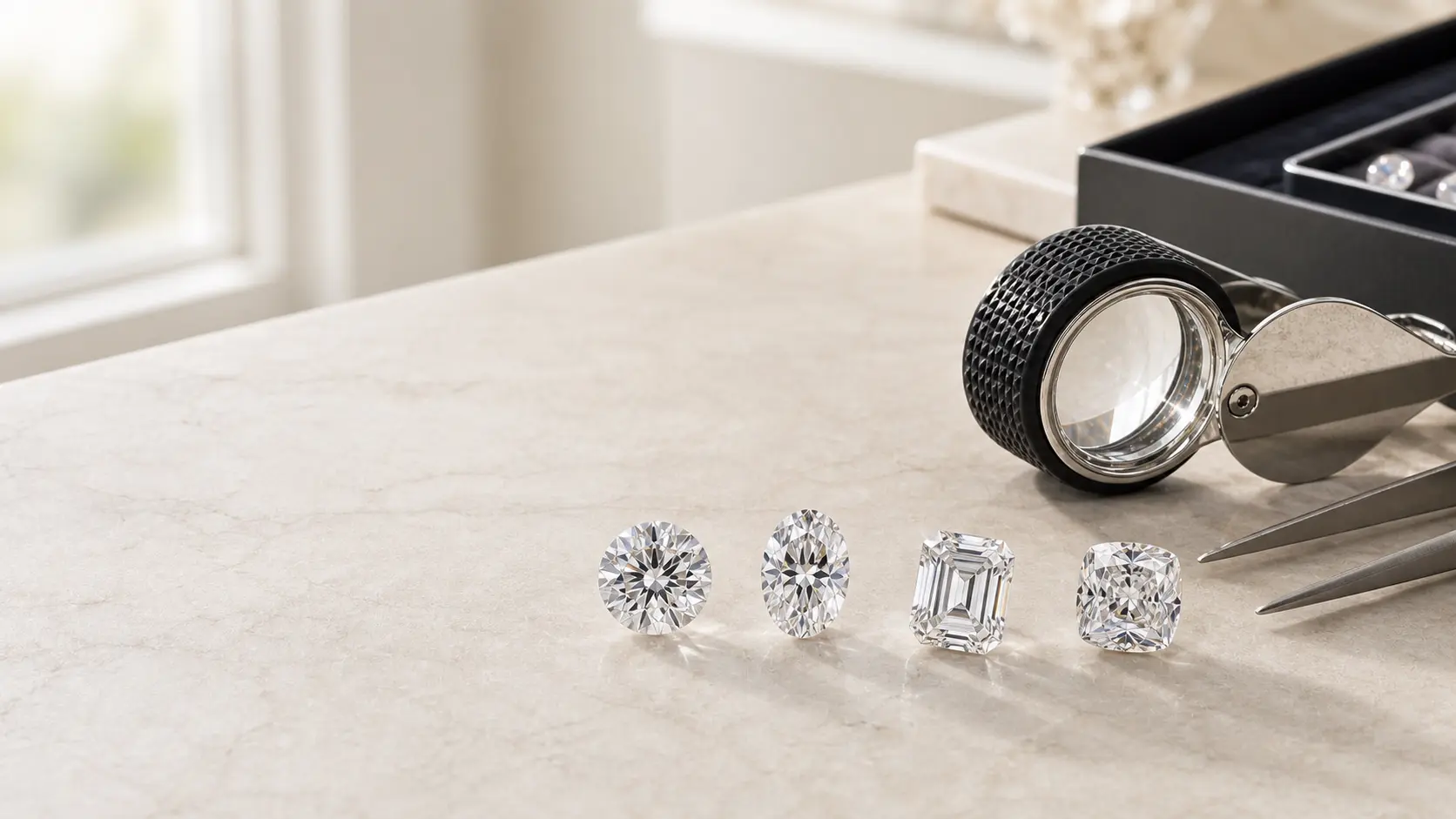 Vier lose Diamanten mit Juwelierlupe als Vergleich der 4C
